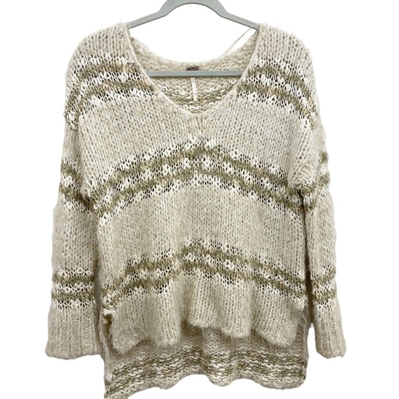 Free People XS Linus Stripe Pullover Sweater Eyelash Loose Knit V-Neck Oversized - Picture 2 of 8